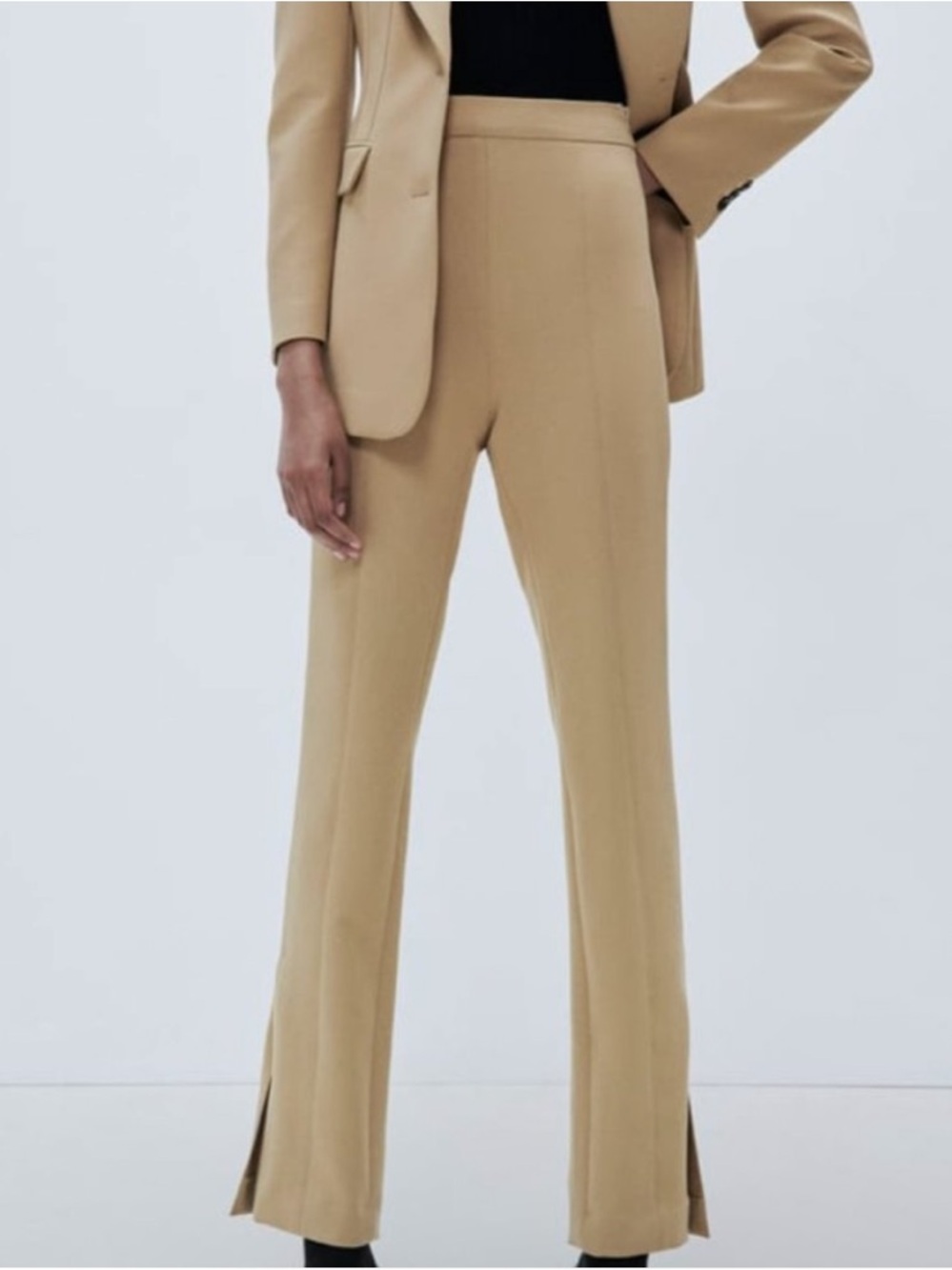 Zara Tan Beige Slit Split Hem High Rise Slim Cigarette Pants